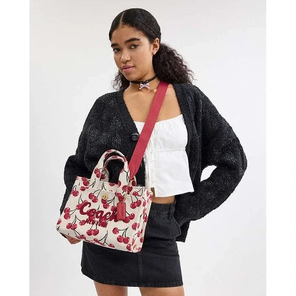 NEW COACH Mini Cargo Cherry Print Canvas Tote Bag 20 in Chalk/Multi - Picture 13 of 14